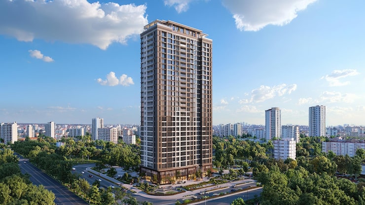 Artist's impression of a Brigade tower and landscaped podium in Chennai (illustrative image)