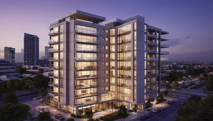 Artist's impression of a Brigade tower and landscaped podium in Chennai (illustrative image)