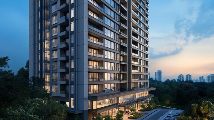 Artist's impression of a Brigade tower and landscaped podium in Chennai (illustrative image)