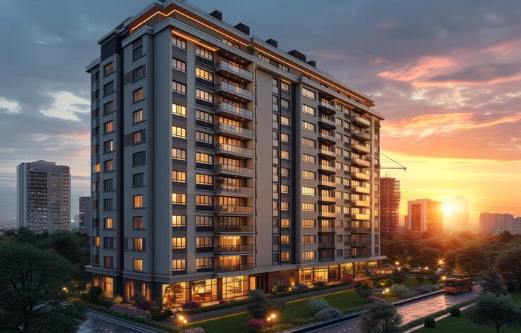 Artist's impression of a Brigade tower and landscaped podium in Chennai (illustrative image)
